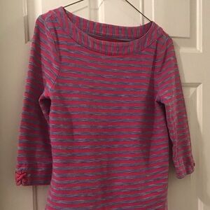 T By Talbots Sz MP Blue Pink Bateau Neck 100% Cotton Striped Pullover
